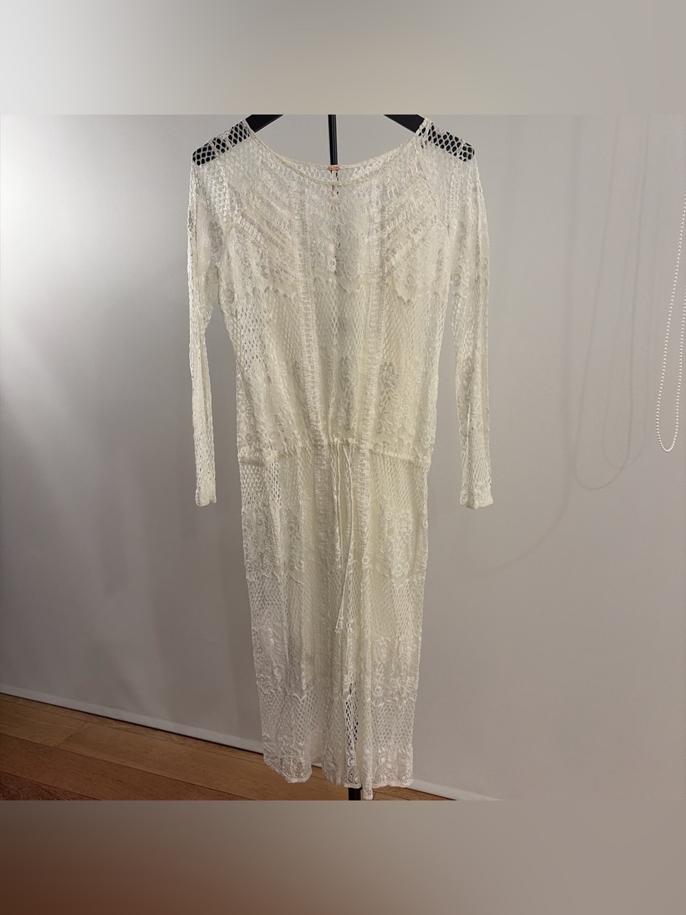 Free People Cream Lace Long Sleeve Midi Dress with Drawstring Waist